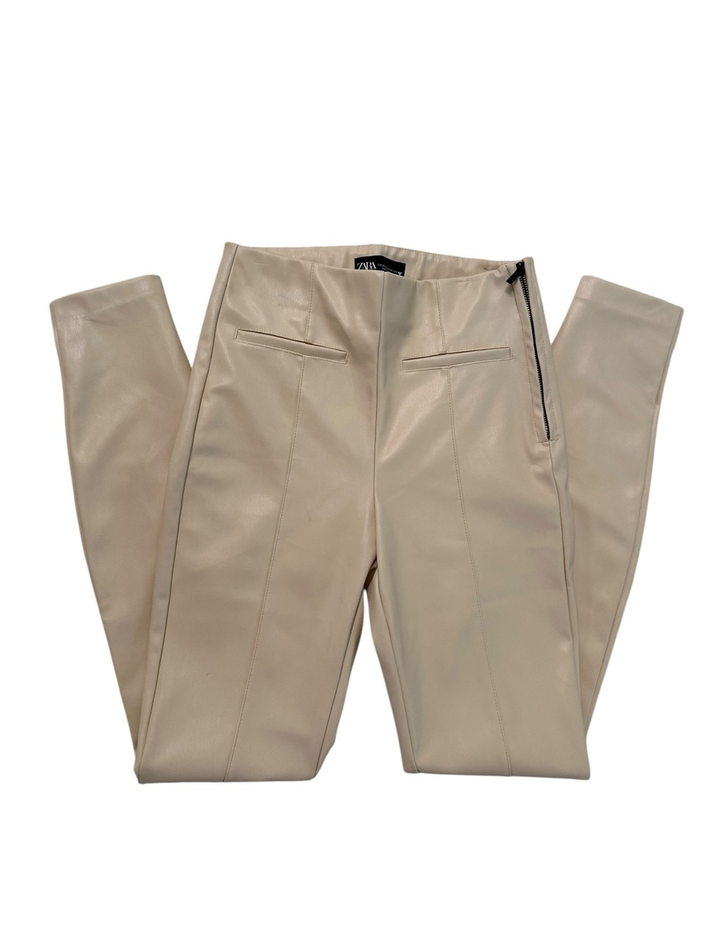 Zara Women's Faux Leather Pants Size XS Beige Cream High Rise Ankle Zip Side Zip